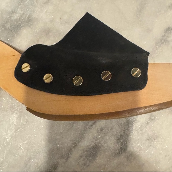 Veronica Beard Hannalee Suede Wood Clog Platform Sandal Black Gold size 10 - Picture 6 of 10
